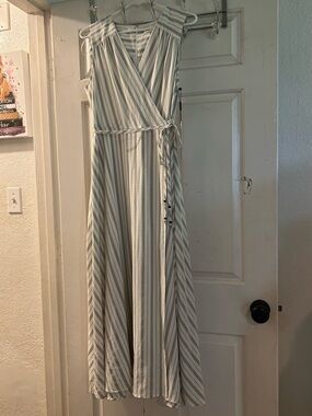 Calvin Klein White and Light Gray Striped Wrap Maxi Dress